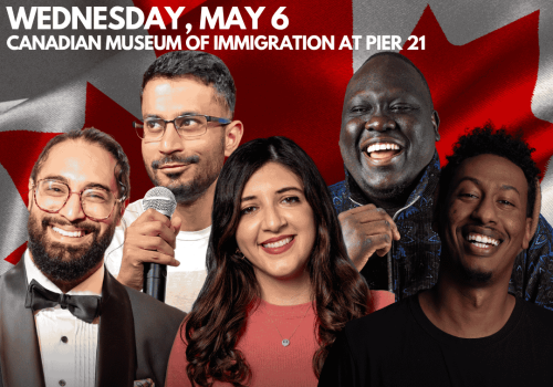 Event information with headshots of six comedians from various cultural backgrounds