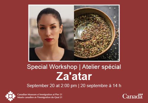 Event information on a burgundy background beside photographs of a young Palestinian woman and a bowl of za’atar spice. 