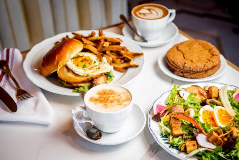 Brunch spread from Cafe Lunette (Salade, coffee, cookies, and a sandwich with fries) 