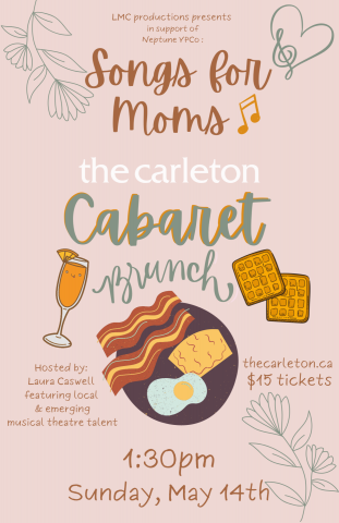 Songs For Moms Cabaret Brunch graphic with cartoon food and drink, surrounded by text on a pink background