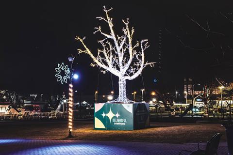 The 26-foot tall tree in Peace and Friendship Park at night.